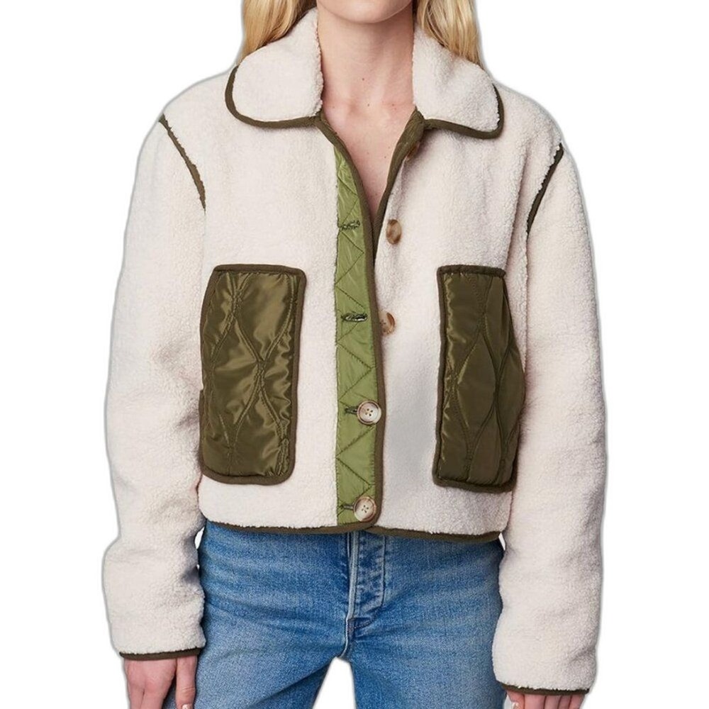 Blank NYC Anthropologie Ivory‎ Sherpa Quilted Pocket Jacket XL Ivory Olive Green